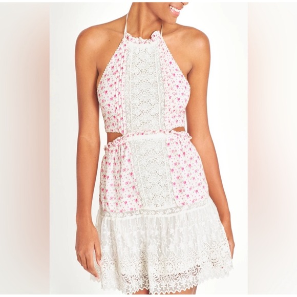 LoveShackFancy Dresses & Skirts - Loveshackfancy Pink Floral Lace Halter Dress Cutout Mini Summer Medium NEW! LSF💕